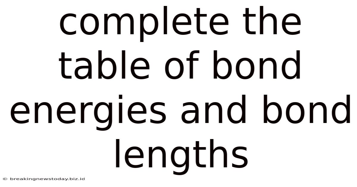 Complete The Table Of Bond Energies And Bond Lengths