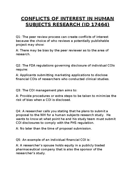 Conflicts Of Interest In Human Subjects Research Citi Quizlet