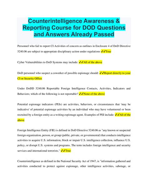 Counterintelligence Awareness And Reporting For Dod Test Answers