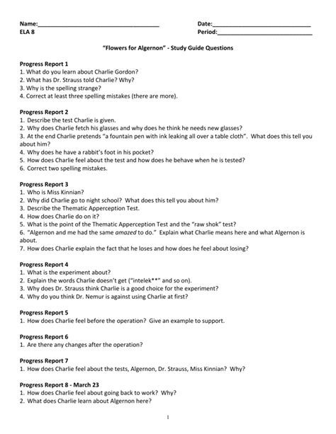 Flowers For Algernon Guided Reading Questions Answers Progress Report