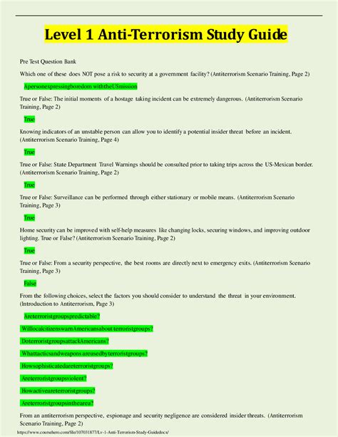 Level I Antiterrorism Awareness Training Pretest Quizlet