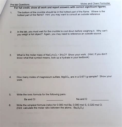 Moles And Chemical Formulas Pre Lab Answers