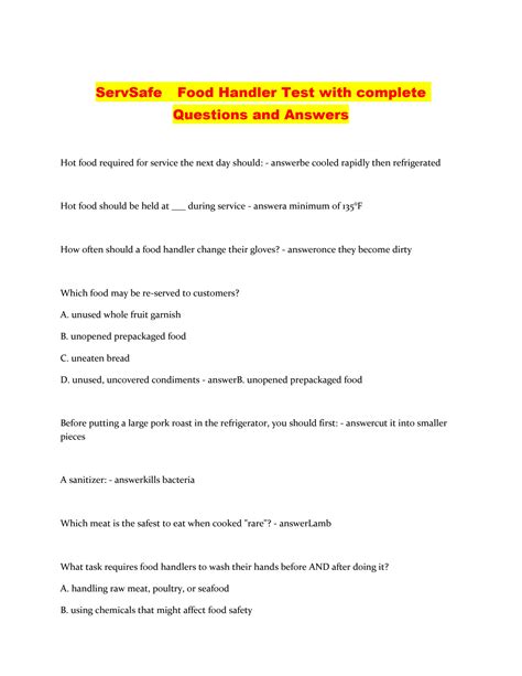 Servsafe Food Handler Test Answers 50 Questions